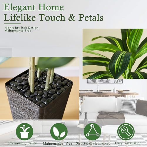 Artificial Dracaena Tree：6FT Faux Silk Tropical Yucca Floor Trees Realistic Fake Green Plant with Natural Wood Trunk & Lifelike Leaves for Home Office Decor Indoor & Outdoor (6FT,1-Pack,Black) - color: Dark Green – Black Pot, size: 6FT