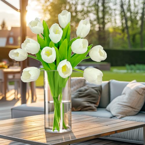 12pcs White Tulips Artificial Flowers Real Touch Silk Fake Flowers Faux Tulip Stems for Wedding Spring Bouquet Floral Arrangement Home Decorations Dining Centerpieces - color: White
