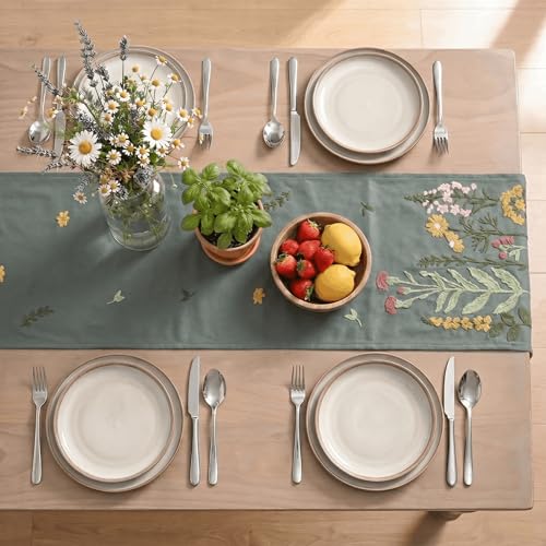 Artoid Mode Grey Soft Chain Embroidery Wild Floral Spring Table Runner, Seasonal Summer Kitchen Dining Table Decoration for Home Party Decor 13x72 Inch - color: Grey, size: 13" x 72", Table Runner