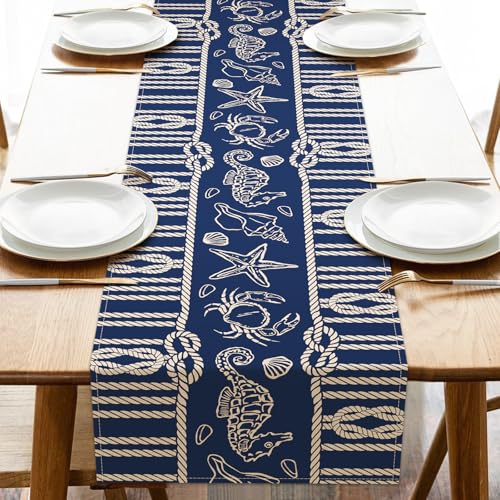 Navy Blue Nautical Dining Table Runner, Coastal Beach Ropes Starfish Crab Seahorse Conch Shell Burlap Kitchen Decoration, Ocean Marine Life Indoor Outdoor Home Decor Party Supply 13 x 48 Inches - color: Navy Blue Nautical, size: Table Runner 13''X48''
