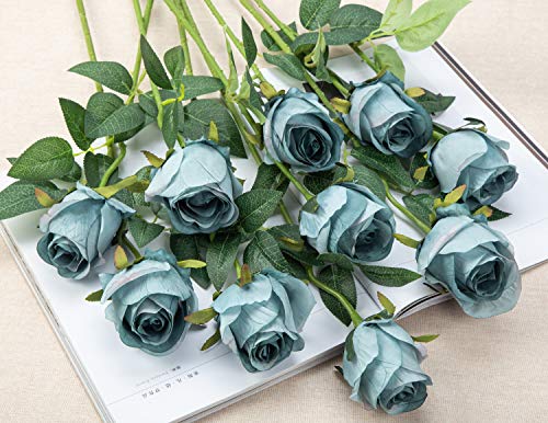 10pcs Artificial Rose Flowers Long Stem Fake Silk Roses for DIY Wedding Bouquet Table Centerpiece Home Decor (Blue) - color: Blue