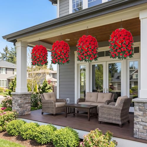 Artificial Geraniums Fake Hanging Flowers Plants Basket for Outdoors Spring Summer Outdoor Decor, 3PCS Faux Silk Geraniums Vines in Planter Realistic UV Resistant for Outside Balcony Patio Porch Home - color: Red