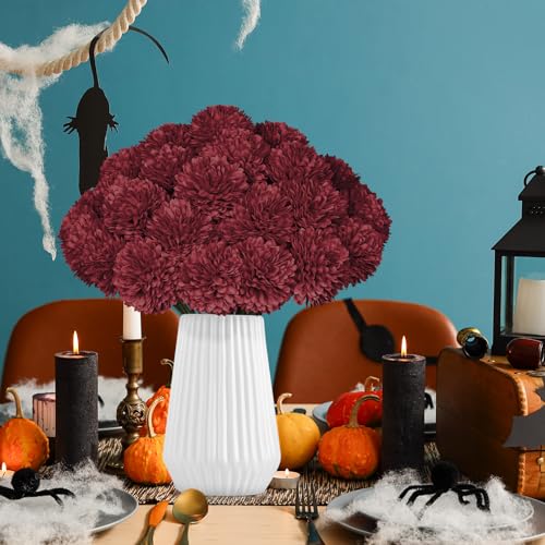 36 Pcs Burgundy Artificial Chrysanthemums Flowers Red Fake Mums Silk Ball Flowers for Fall Home Decor Wedding Table Centerpiece Christmas Floral Arrangements (Burgundy) - color: Burgundy