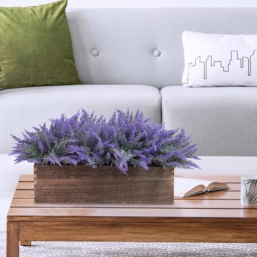 Winlyn 14" Artificial Lavender Flowers Plants in Rectangular Wooden Planter Box Faux Frosted Lavender Potted Arrangements Floral Centerpiece for Farmhouse Home Wedding Table Centerpiece Mantel Décor