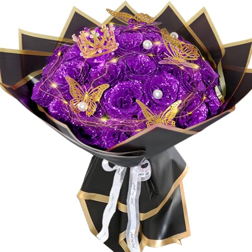 Purple Glitter Roses Bouquet, 36 Pcs Shiny Glitter Flowers Bouquet, Everlasting DIY Artificial Roses Bouquet for Christmas, Birthday, Anniversary, Wedding, Engagement - color: Purple-a, size: 36 PCS