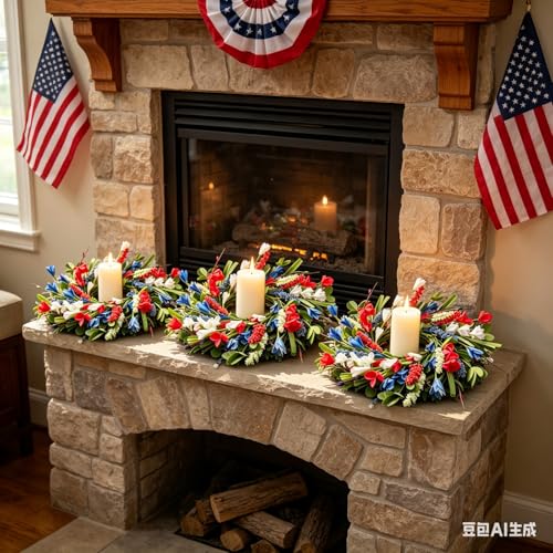 6 Pcs Small 4th of July Hanging Wreaths for Cabinets Patriotic Mini Candle Ring Wreath with Red White Blue Flowers Artificial Independence Day Wreath for Front Door Window Porch Wall Table Centerpiece - color: Patriotic-11