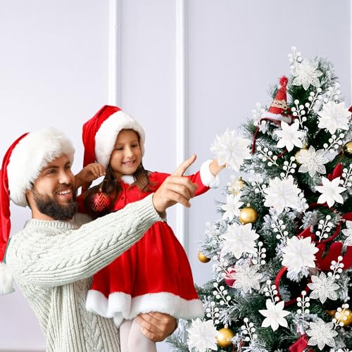 Sggvecsy 30 Pcs 3 Styles Christmas Glitter Poinsettia Flowers Artificial Berry Picks Christmas Tree Ornaments Artificial Christmas Flowers with Clips for Xmas Wedding Wreath Floral Decorations(White) - color: White