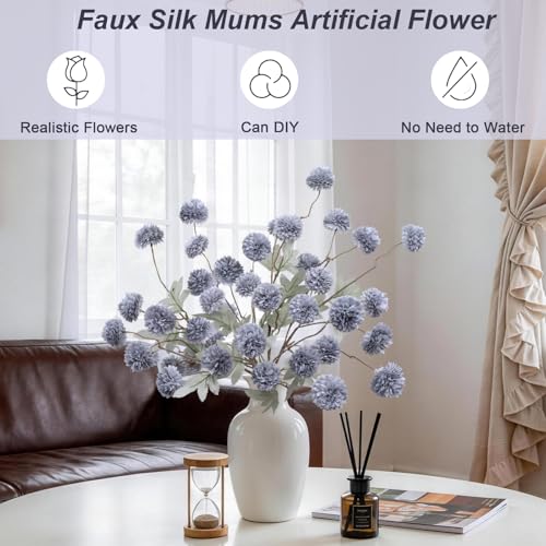 INQCMY Artificial Flowers 12 Pcs Fake Chrysanthemums Faux Kiku Flower Long Stem 20" Realistic Silk Pompon Mums for Vase Wedding Bouquets Centerpieces Home Decor (Haze Blue) - color: Haze Blue