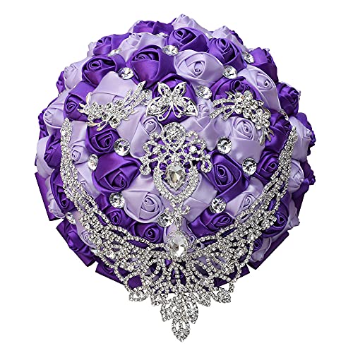 Sharebeauty 7.1 Inch Handmade Satin Rose Bridal Bouquet Toss Round Wedding Bouquet Throw Toss Artificial Flower Bunch Purple + Light Purple - color: W28717 Purple/Light Purple, size: 7.1"/18cm
