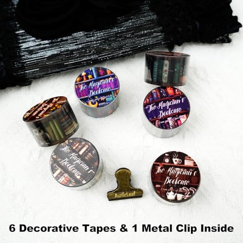 Magician’s Bookcase PET Tapes – 6 Rolls of Fantasy Embroidery-Style Bookcase Designs with Clip, for Scrapbook, Journal, Junk Journal, Planner and DIY Decor - color: Wizard Bookshelf