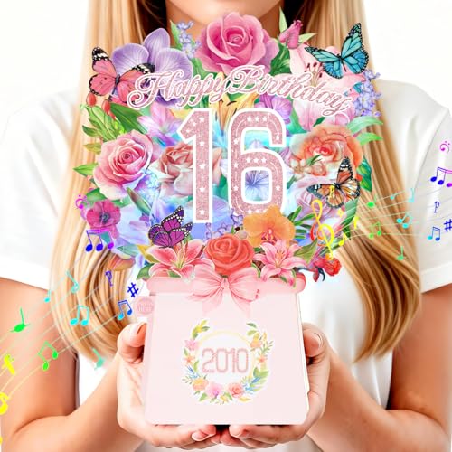 Sweet 16th Birthday Cards, Light and Music 16 Years Old Happy Birthday Card, Rose Lily Orchid and Butterflies, 10 Inch Forever Flower Bouquet 3D Pop Up 2010 Birthday Gift Card for Women Daughter Sister girl - size: 2010-16th