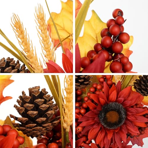 Briful Set of 2 16in Fall Burgundy Sunflower Picks and Sprays with Pinecones Berries Maple Leaves Artificial Fall Floral Branches Stems for Autumn Home Wedding Party Vase Centerpieces Decor - color: Burgundy