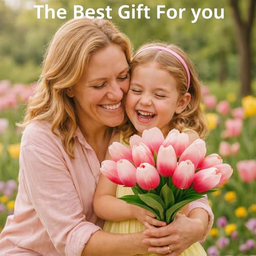 20 Pcs Tulips Artificial Flowers, 13.5'' Real Touch PU Fake Flowers Bouquet for Home Party, Spring Wedding Floral Arrangement, Valentine's, Easter and Mother's Day Decor (White Rose Red) - color: White Rose Red