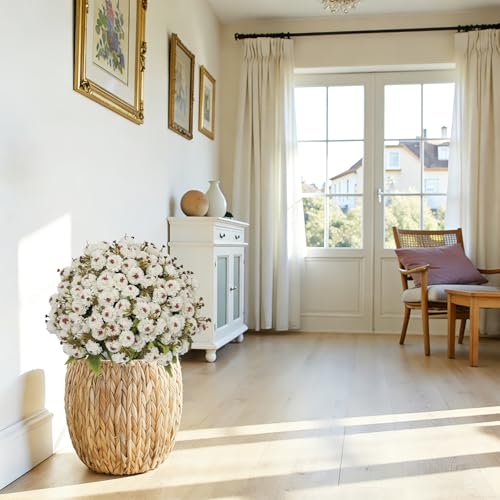 24” Artificial Flowers for Outdoors, Set of 2- UV Resistant Look Real Faux White Mums with Cement Pots, Realistic Fake Plastic Plants for Front Porch Planter Entryway Indoor Decor - color: Chrysanthemum Cream White
