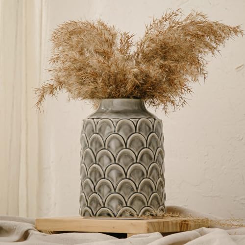 Ceramic Flower Vase, 7.28” Rustic Farmhouse Decorative Vase for Home Decor, Gray Textured Pottery Vase for Pampas Grass, Living Room, Entryway, Mantel, Kitchen Table, Centerpiece - color: 202-grey