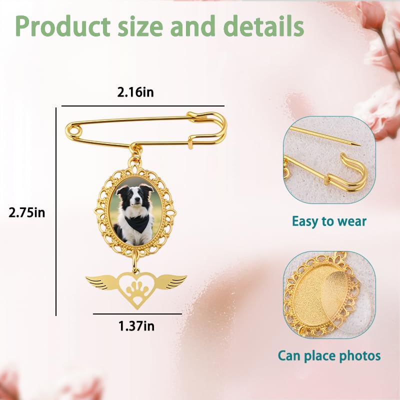 Wedding Bouquet Charm Dog Gold Picture Photo Frame Pin Pet Memorial Brooch Boutonniere Lace Oval Picture Charm With Heart Pendant Wing Pins for Grooms Bride Bridal Flower Bouquet Photo Pin