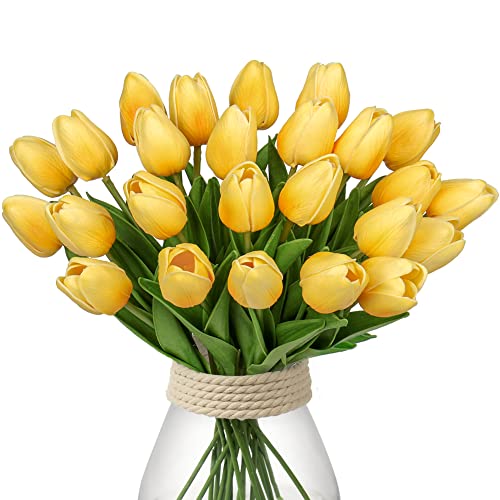 24 Pcs Yellow Tulips Artificial Flowers Real Touch Fake Tulips Fake Flowers for Mother's Day 13.5" Faux Tulips Faux Flowers Bulk Artificial Tulips Flowers for Vase Centerpieces Home Wedding Bouquet - color: 24pcs Gradient Yellow