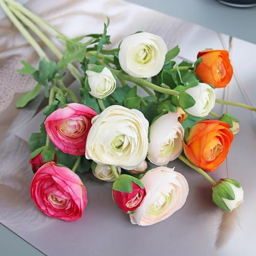 5PCS Artificial Ranunculus Flowers White Silk Flowers Leaves Real Touch Branches Stems Spray for Home Garden Office Decoration Wedding DIY Arrangements (White) - color: White
