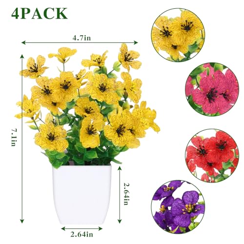 CEWOR Fake Plants 4 Packs Small Faux Potted Flower Daisy with Eucalyptus Leaves Decorations for Desk Bathroom Office Home Room Table Decor Indoor Outdoor - color: Daisy Red Rose Yellow Purple