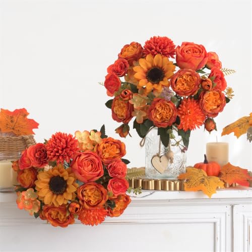 4 Pcs Mixed Autumn Artificial Peony Flower Set-2 Bouquets & 2 Stems, Orange Yellow Fake Peony Sunflower Rose Silk Flower for Fall Table Centerpiece Farm Wedding Thanksgiving Halloween Home Decor - color: Orange & Yellow, size: Mixed 4pcs