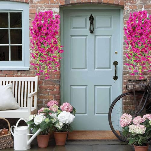 Hanging Morning Glory Artificial Flowers for Outdoors,Faux Plant,Decoration Plastic Flowers for Outside,Garden,Home Decor,Wedding Events,Patio,Porch,Yard(Fuchsia,2 Bunches/4Pcs) - color: Fuchsia, size: 2 Bunches/ 4Pcs