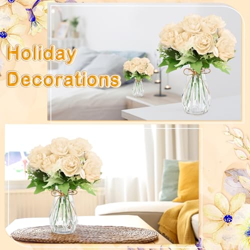 Zeyune 37 Pack Artificial Peonies Flowers with Bud Vase Bulk 24 Bundles Silk Peonies Bouquets 12 Plastic Clear Vase with 1 Rope Fake Flowers for Table Centerpiece Vases(Champagne,Round Head) - color: Champagne, style: Round Head