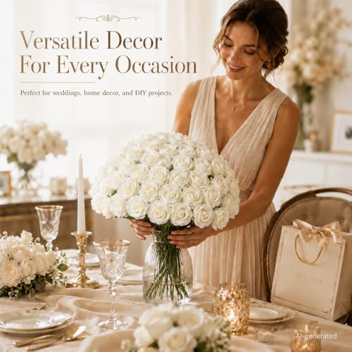 50 PCS White Roses Artificial Flowers, Fake White Roses Bouquet,White Artificial Silk Roses with Stems for DIY Wedding Flowers Decoration, Valentines Day, Home Decor, Bridal Bouquet Roses - color: Beige, size: 50 Pcs