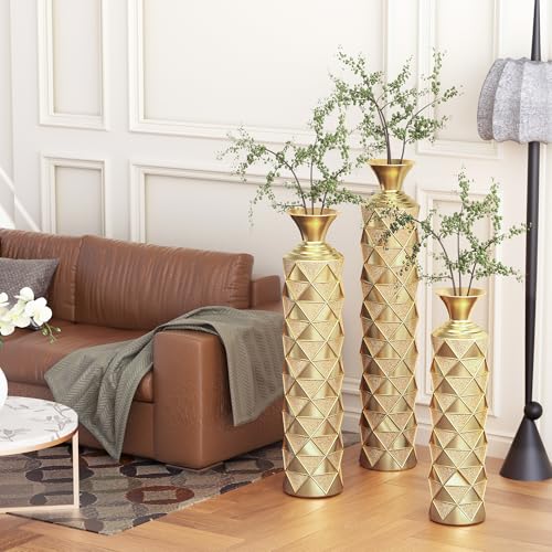 Floor Vases, Tall Home Decor Metal Vase Set of 3 Large Glazed Decorative Vases for Wedding Decor, Elegant Modern Flower Holder for Living Room, Entryway, Hallway - color: Geo Gold