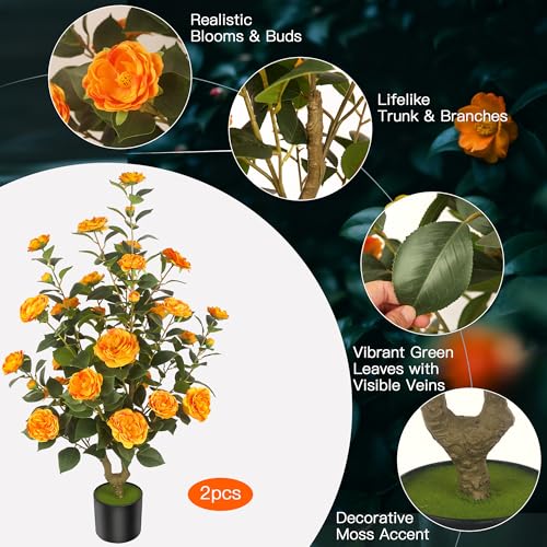 2Pack 39.37"/3.28FT Artificial Camellia Trees with 32 Flowers in Cement Pots – Lifelike Fake Trees for Front Porch, Home, Indoor Outdoor Spring Decor, Office or Housewarming Gifts (Orange) - color: Orange, size: 3ft 3inx2