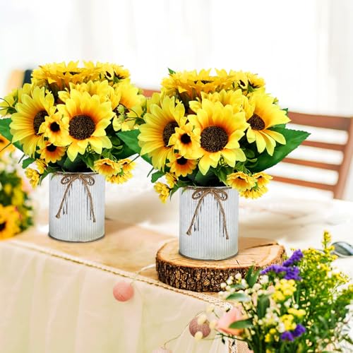 Artificial Sunflower Table Centerpieces - Set of 6 Faux Spring Summer Sunflowers Arrangements with Rustic Metal Vase for Kitchen Office Bathroom Home Farmhouse Wedding Party Decorations - color: Yellow