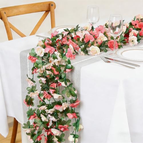 Sherika 9 Pcs 72FT Artificial Flower Garland, Fake Pink Roses Vines Hanging Silk Flowers Faux Floral Garland for Wedding Arch Room Wall Backdrop Bedroom Centerpieces Mothers Day Decorations - color: Pink