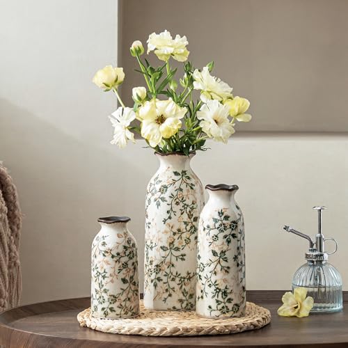 Ceramic Flower Vases Set of 3 | Green Rustic Farmhouse Vase Set for Home Decor, Vintage Floral Decorative Vase for Living Room & Kitchen, Mantel & Bookshelf, Centerpieces, Entryway(5.9+7.9+9.9Inch) - color: 05-green and Beige-set of 3