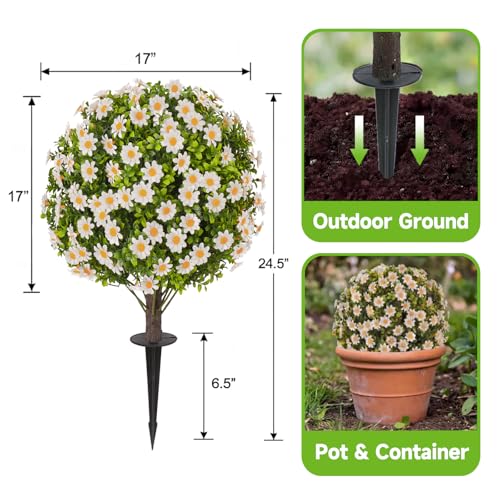 24" Artificial White Daisy Topiary Ball Trees with Dense Blooms, Set of 2 Fake Bushes with Ground Spike, UV Resistant Faux Evergreen Plants for Outdoor Indoor Spring Garden Front Porch Decor - color: White Daisy