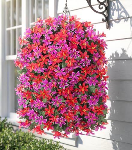Hoppwodd Artificial Flower for Outdoors 4pcs Fake Lily Hanging Flower Baskets for Outside UV Resistant Silk Faux Long Trailing Vines for Garden Porch Patio, Fuchsia & Red - color: Fuchsia & Red