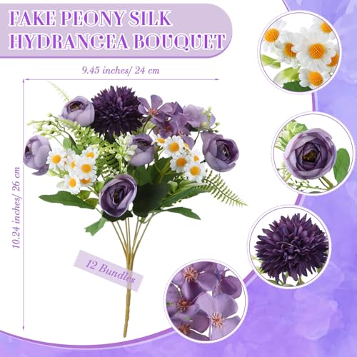 Tigeen Peonies Artificial Flowers Faux Roses Silk Flowers Hydrangea Artificial Bouquet for Wedding Table Centerpiece Floral Vase Home Office Bridal Decor(Dark Purple,12 Bundles) - color: Dark Purple