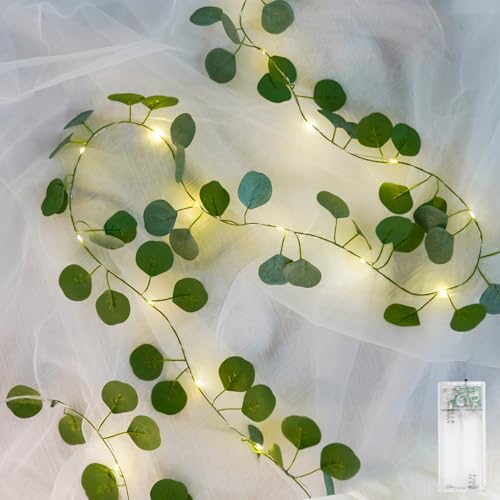 suddus Fake Vines with Lights Battery Operated, 20 LED 6.56FT Eucalyptus Garland Fairy Lights with Timer, Leaf String Lights for Bedroom,Room,Window,Wall,Party,Garden,Wedding Indoor Decor (Warm White) - color: Eucalyptus, size: 20 LED-Copper Wire Battery-