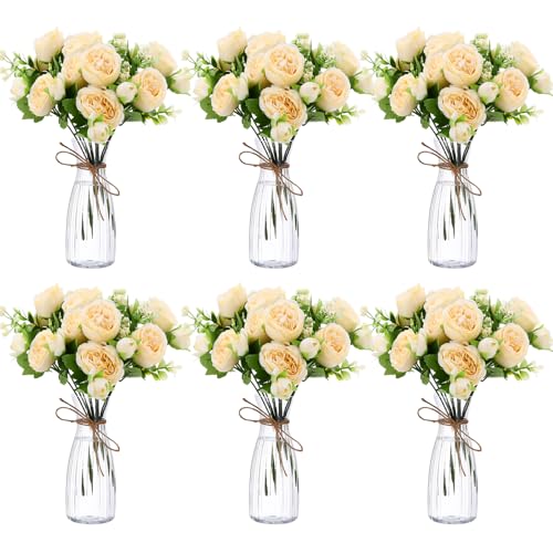 Thiccywoov 19 Pack Artificial Peony Flowers with Vase Bulk, 12 Bundles Faux Peony Bouquet 6 Vase with 1 Rope Silk Flower Arrangement Wedding Table Centerpiece for Wedding Bridal Shower(Champagne) - color: Champagne