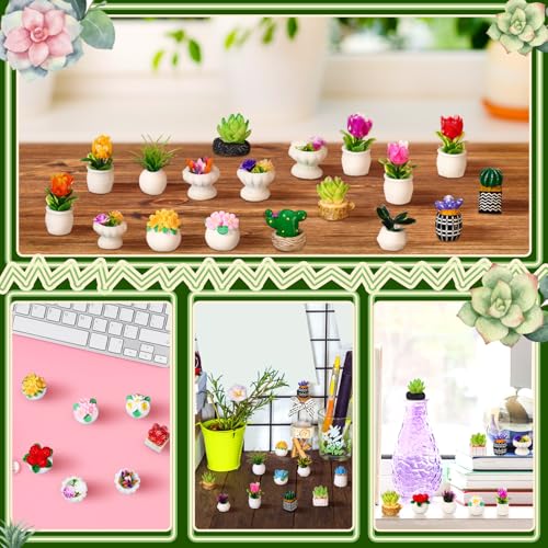 Threehoney 30 Pcs Miniature Dollhouse Plants Accessories Mini Artificial Potted Flower Tiny Resin Greenery Cactus Figurines for Doll House Gift DIY Garden Bonsai Micro Landscape Decoration(Plants) - style: Plants