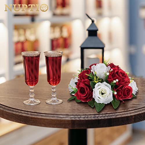 NUPTIO Artificial Flower Centrepieces for Tables: Crimson White Fake Roses | 2 Pcs 9.5 inch Floral Balls Arrangement for Wedding Birthday Party Anniversary Christmas Decorations - color: Crimson & White, size: 2 Pcs