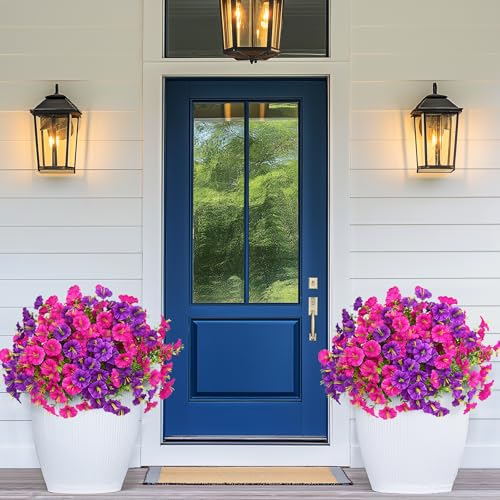 MARTINE MALL 24 Bundles Look Real Artificial Flowers for Outdoors, Realistic Fake Outdoor Flowers, UV Resistant Silk Petunia Flowers for Outside Faux Flowers Plants for Outdoor Porch, Purple+Fuchsia - color: Purple and Fuchsia, size: 24 Bundles