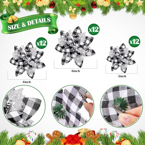 36 Pcs Christmas Glitter Artificial Poinsettia Flowers Xmas Poinsettia Artificial Wedding Flowers Decorations Xmas Tree Ornaments with Clips for Party, 6 Inch, 4 Inch, 3 Inch(Black, White, Silver) - color: Black, White, Silver