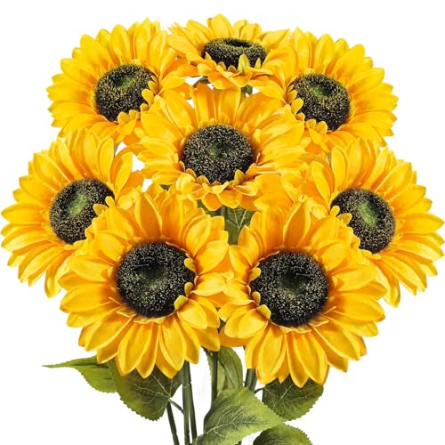 8 PCS 5.9" W x 24.8" H Large Sunflowers Artificial Flowers with Long Stems Silk Fake Big Sunflowers Bouquet Faux Sunflower Arrangement for Home Vase Table Wedding Garden DIY Fall Decor