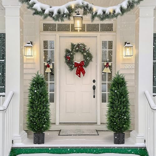 Grooy Artificial Cedar Trees, 4FT Tall Faux Tree Potted Plants with Trunk 48in Fake Cypress Tree for Indoor Outdoor Front Porch Garden Decor-2pack