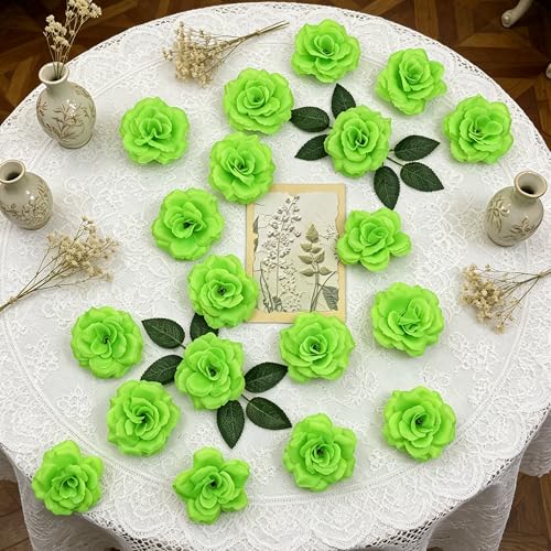 50 Pcs Rose Flower Head, Artificial Flowers Bulk for DIY Crafts, 3in Fake Rose Silk Flower Head wit Stem, Faux Flowers for Decoration, Wedding Home Party Decor Garland Decor (50, Grass Green) - color: Grass Green