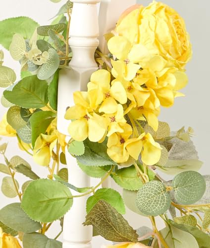 PONKING Flower Garland Artificial Rose & Hydrangea Vine Hanging Fake Flowers Vines for Wedding Birthday Party Valentines Christmas Room Wall Arch Decor, 1 Rose & 1 Hydrangea Yellow Floral Garland - color: Large Rose & Hydrangea Yellow Vines 5.4ft