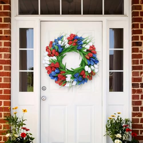 U'Artlines 20 Inch Tulip Patriotic Wreath for Front Door, 4th of July Summer Wreath with Green Leaves Red White Blue Tulip Flower Wreaths for Independence Day Anniversary Memorial Day Decor - color: Red White Blue, size: 20 Inch