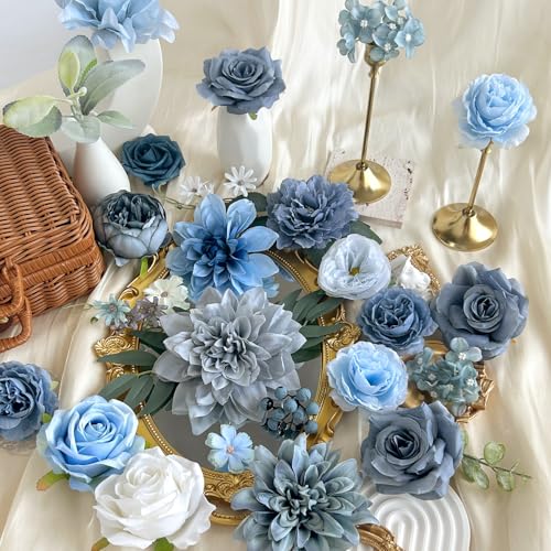 Dusty Blue Artificial Flowers Combo Box Set Silk Roses Dahlia with Stems DIY Bridal Wedding Bouquets Navy Royal Blue Cake Fake Floral Arrangements Baby Shower Party Table Centerpieces Home Decor Bulks - color: Navy, Dusty Blue