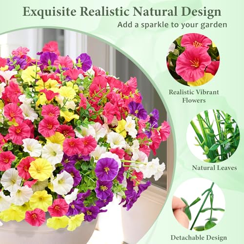 Artificial Flowers for Outdoors, 26 Bundles Fake Outdoor Flowers, UV Resistant Artificial Outdoor Plants & Flowers for Decoration, Colorful Morning Glory for Garden Porch Yard Patio, Mixed Color A - color: Purple, Rose Red, White & Yellow, size: 26 Bundle