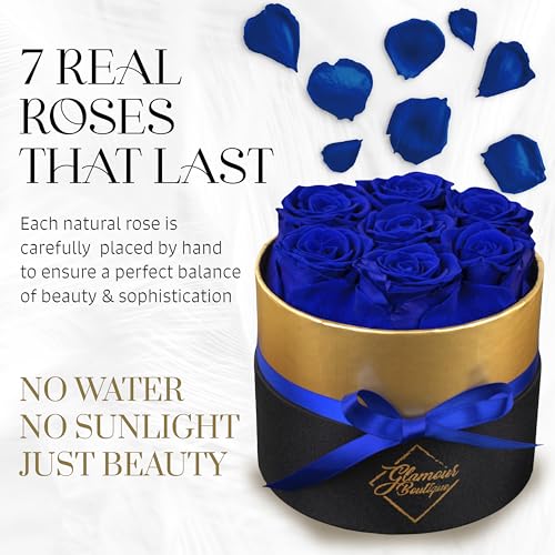GLAMOUR BOUTIQUE Eternal Preserved Roses in a Box, Flowers Forever, Rose Forever in a Box for Wife or Her, Lasting Real Flower Gift, Elegant Luxury Floral Home Decor, 7 Roses, Blue (Color-Treated) - color: Blue, size: 7 Roses
