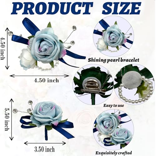 Blue Corsage and Boutonniere Set for Bride Groom, Artificial Rose Flowers Wrist Corsage Bracelets Homecoming Flower Prom Suit Accessories Boutonniere for Wedding Prom Party Decorations - color: Blue